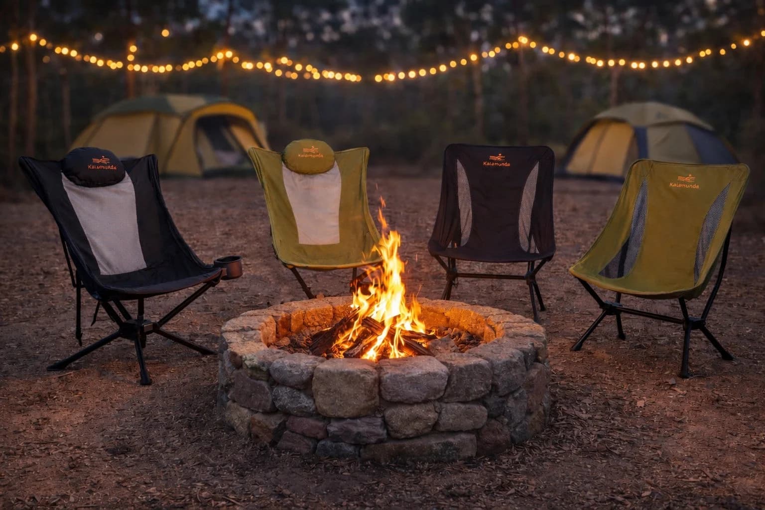 Four Kalamunda chairs around a campfire under string lights